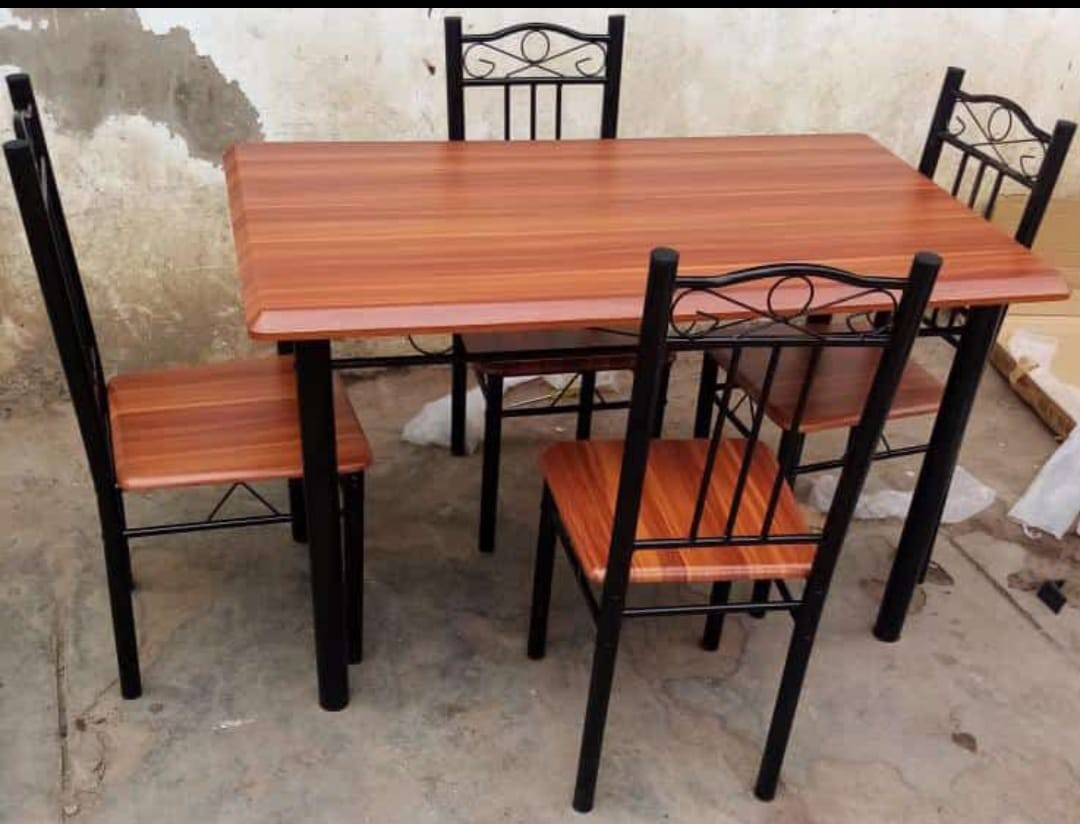 Cherry Wood-Look 4-Seater Dining Set – Black Metal Frame with Scrolled Chairs