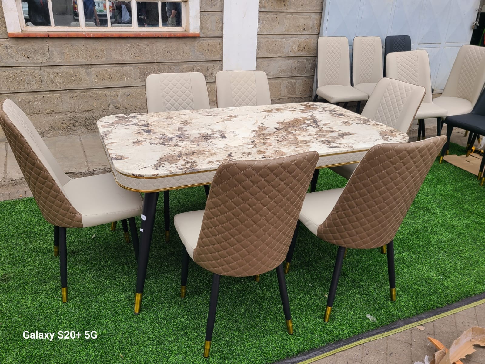 Cream Marble-Look 6-Seater Dining Set – Caramel & Cream Quilted Chairs