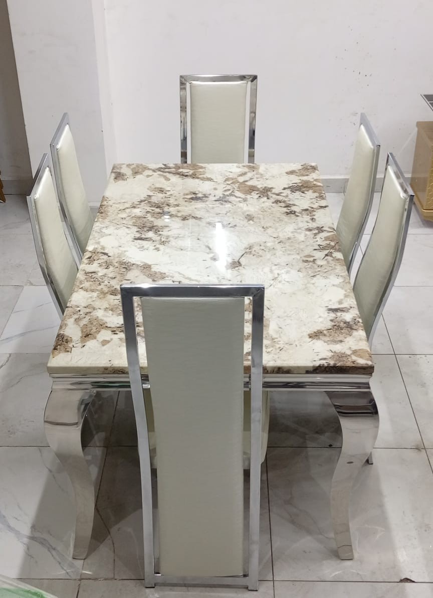 Silver & Marble-Look 6-Seater Dining Set – Cream Veined Top & Chrome Frame