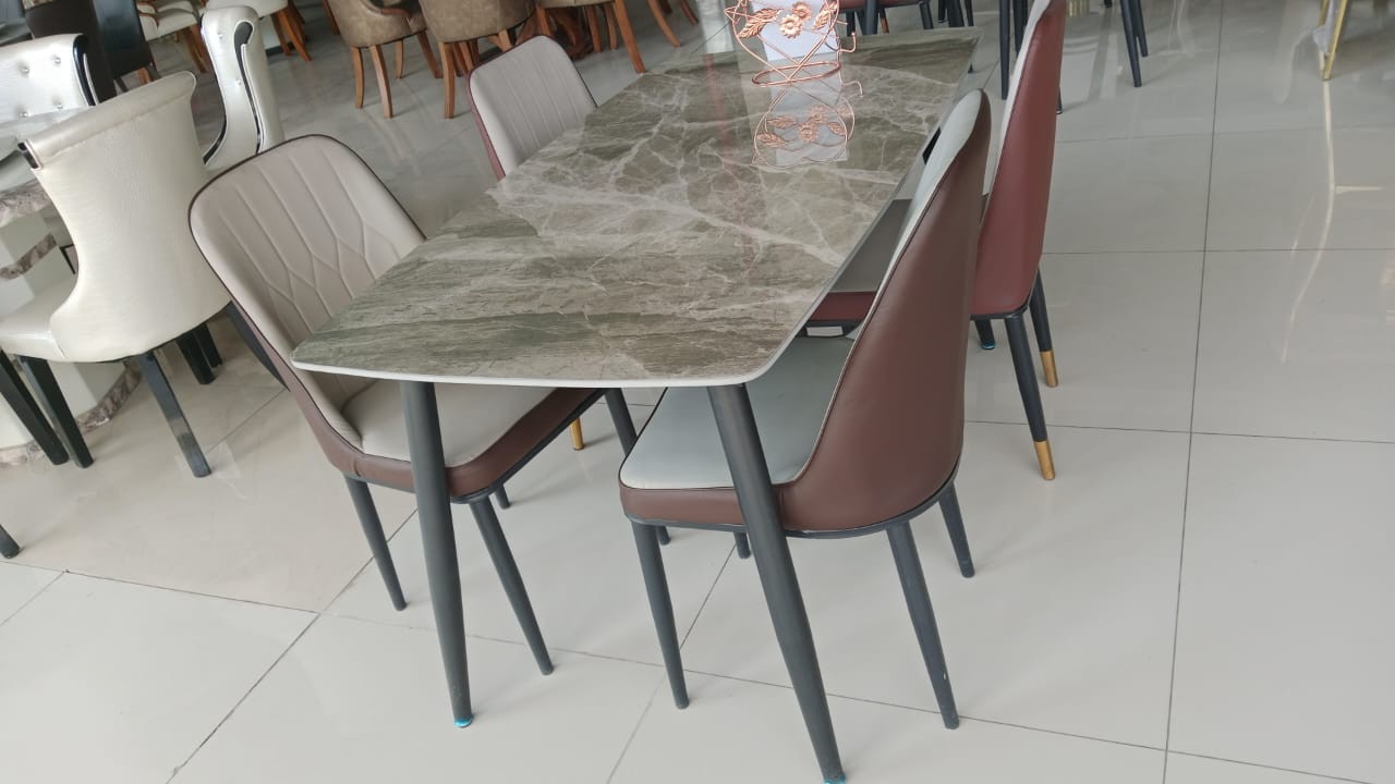 Grey Marble-Look 4-Seater Dining Set – Two-Tone Brown & Cream Chairs
