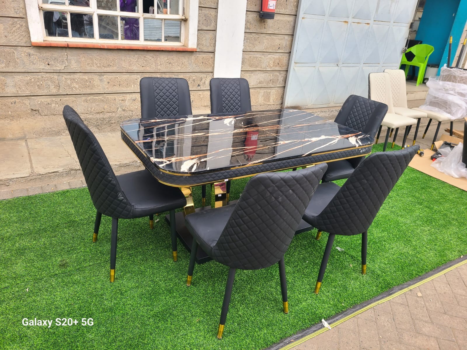 Black & Gold 6-Seater Dining Set – Marble-Look Top & Quilted Chairs