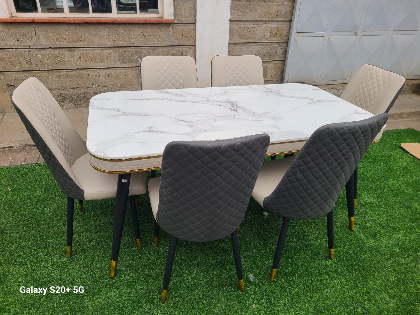 White Marble-Look 6-Seater Dining Set – Grey & Cream Quilted Chairs