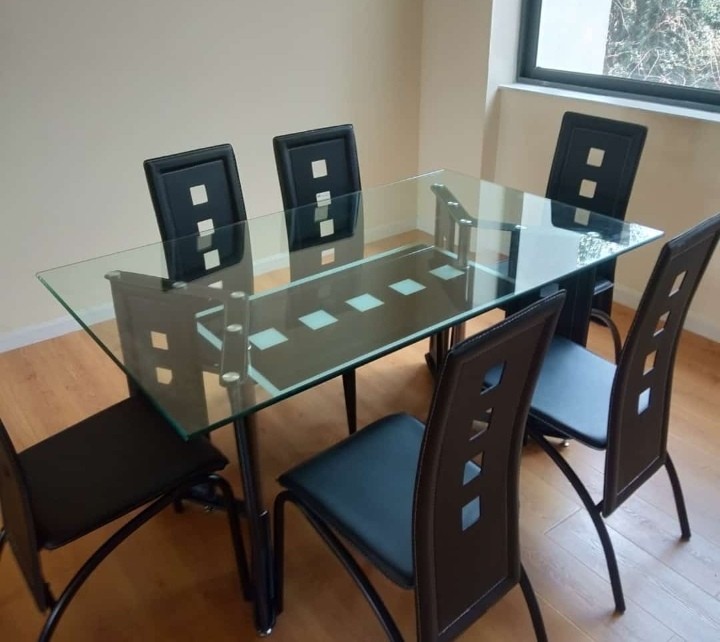 Glass-Top 6-Seater Dining Set – Black Cut-Out Chairs