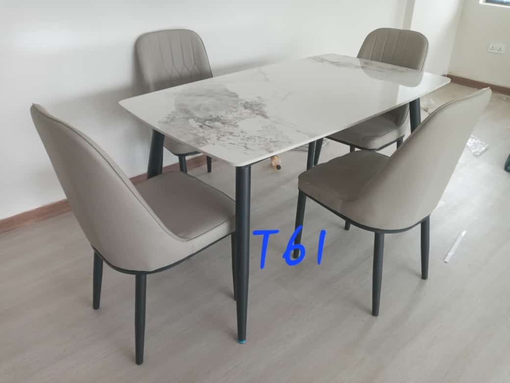 White Marble-Look 4-Seater Dining Set – Taupe Grey Chairs