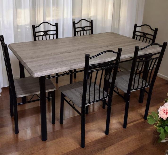 Grey Oak-Look 6-Seater Dining Set – Black Metal Frame