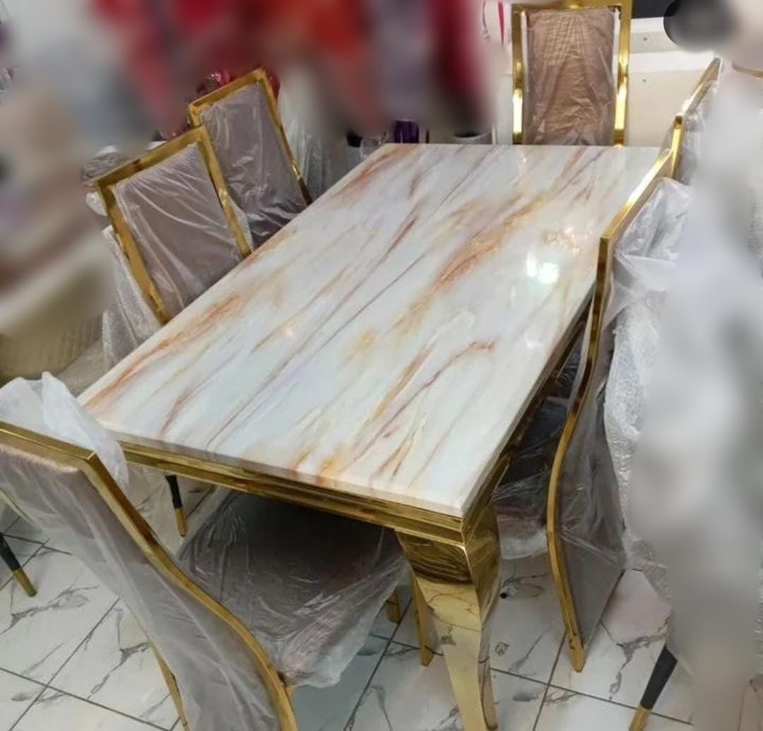 Gold & Marble-Look 6-Seater Dining Set – Cream & Gold Veined Top